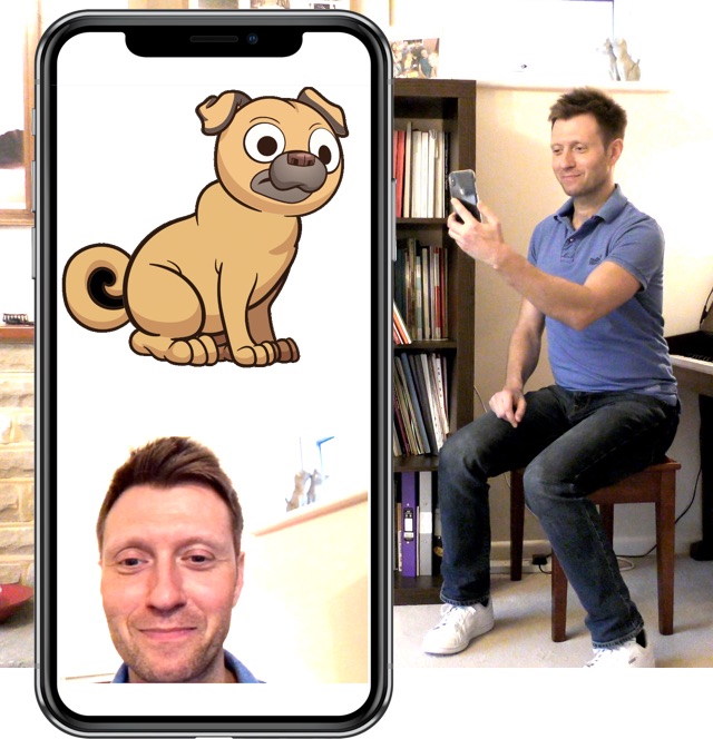 Man using the Anitooni App on iPhone X to animate a pug character