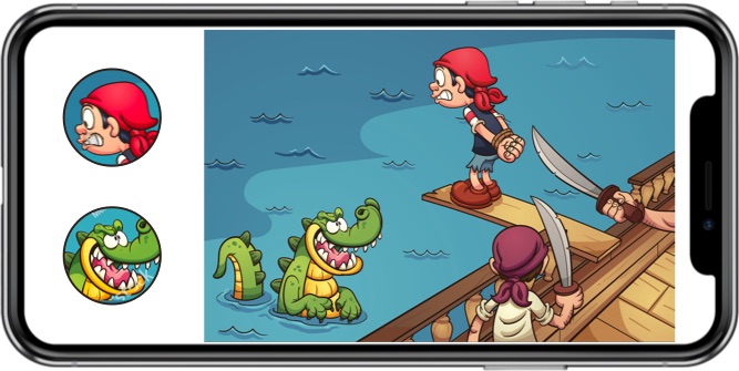 Pirate cartoon on iPhone X showing two buttons that operate the pirate and crocodile characters