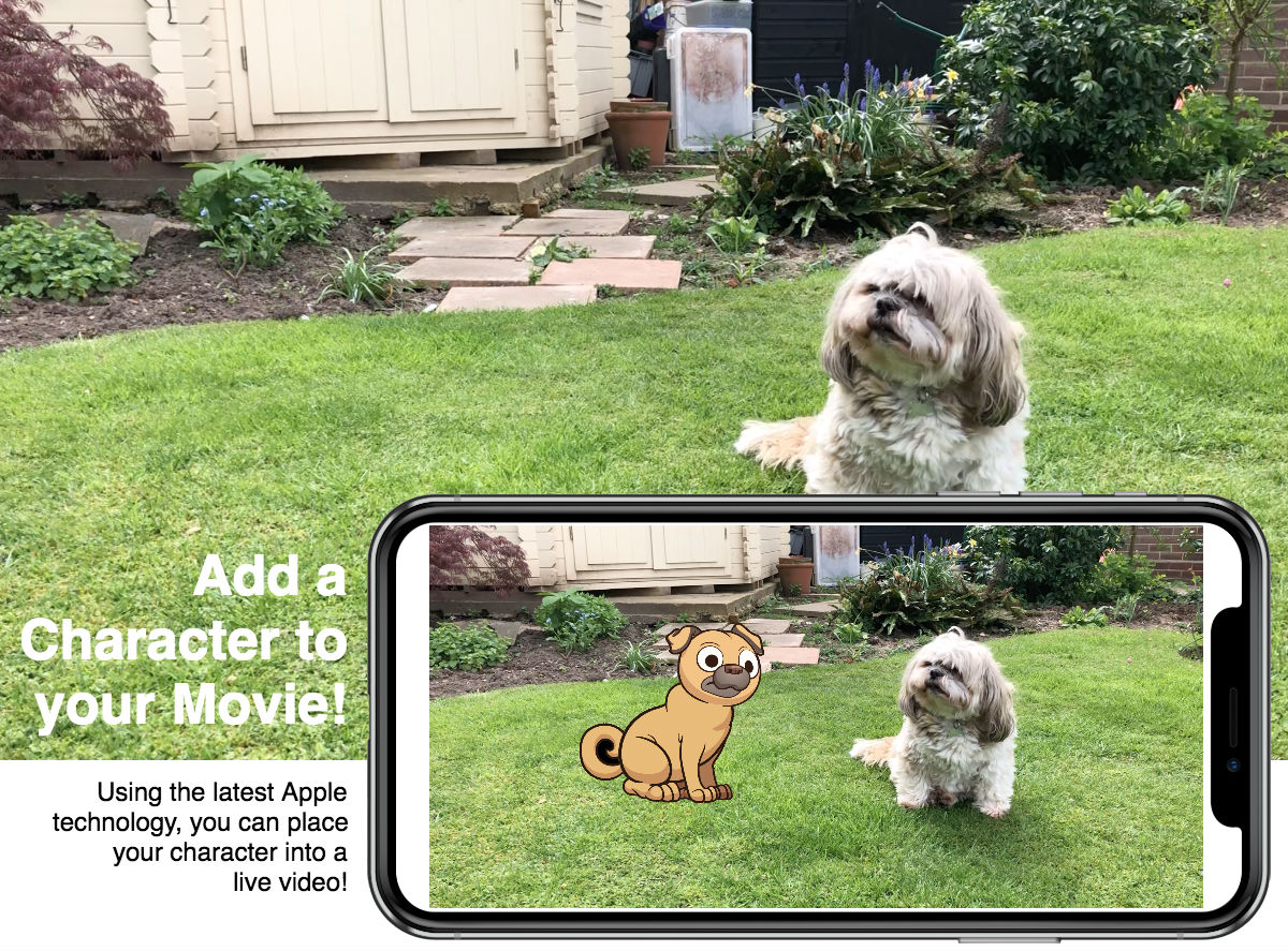 Cute dog in the garden being filmed with an iPhone X and a pug cartoon character added to the scene
